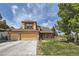 Charming two-story home boasts a three car garage and a well-manicured lawn, set against a beautiful blue sky at 9001 W Chatfield Dr, Littleton, CO 80128