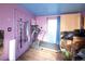 This purple bedroom contains a treadmill, a mirror, and a door leading to the outside at 1075 S Ames St, Lakewood, CO 80226