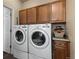 Well-equipped laundry room features front-load washer and dryer and upper cabinets for storage at 8318 Devinney Ct, Arvada, CO 80005