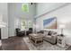 Spacious living room with high ceilings, large windows, and contemporary furnishings at 8318 Devinney Ct, Arvada, CO 80005