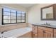 Bright bathroom featuring a soaking tub, vanity with black countertop, and a large window offering natural light at 1530 S Quebec Way # 34, Denver, CO 80231