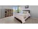 Cozy bedroom with large window, plush carpet, a full-sized bed, and wooden bookshelf at 7071 Turweston Ln, Castle Pines, CO 80108