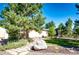 Well landscaped yard with stone walkway, a boulder feature, and mature evergreens at 1059 S Elbert St, Elizabeth, CO 80107