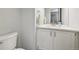 A clean half bathroom with a vanity and mirror, offering convenience for guests at 6468 S Forest St, Centennial, CO 80121
