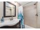 Stylish bathroom features a modern vanity, decorative mirror, and shower with elegant blue-themed curtain at 4440 W Hayward Pl, Denver, CO 80212