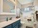 Bathroom with a modern vanity, a frameless glass shower door, and stylish fixtures, creating a clean and updated space at 6346 Fenton St, Arvada, CO 80003