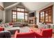 Inviting living room with stone fireplace, large windows, and comfortable seating at 168 Corkscrew Dr, Breckenridge, CO 80424