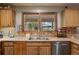 Kitchen with double sink, wood cabinets, and backyard view at 12768 Grizzly Dr, Littleton, CO 80127