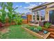 Picturesque backyard featuring a patio area, lush lawn, and a variety of plants creating an inviting outdoor space at 9580 E 5Th Ave, Denver, CO 80230