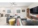 Comfortable living room area with a gray sofa, flat screen television, and a stylish yellow stool at 3515 S Ogden St, Englewood, CO 80113
