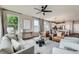 Open-concept living room featuring contemporary furnishings and seamless flow to the kitchen at 5975 Hanover St, Denver, CO 80238
