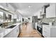 Modern kitchen features white cabinetry, stainless appliances, and mosaic backsplash at 16130 Mt Vernon Rd, Golden, CO 80401