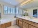 Bright bathroom featuring a large vanity, dual sinks, and a separate tub with shuttered windows at 10904 Eagle Run Dr, Parker, CO 80138
