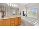 Bright bathroom with a soaking tub under a window, double sinks, and well-lit mirror at 1232 Berganot Trl, Castle Pines, CO 80108
