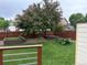 Serene fenced backyard with raised garden beds, mature tree, and lush green lawn, perfect for relaxation at 14642 Williams St, Thornton, CO 80602