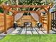 Backyard patio area features pergola with outdoor seating and privacy screen at 1655 S Marion, Denver, CO 80210