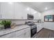 Modern kitchen with white cabinets, granite counters, and stainless steel appliances at 3987 N Riviera Ct, Aurora, CO 80019