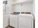 A neat laundry room with a modern washer and dryer set, plus a shelf for convenient storage at 22435 E 7Th Pl, Aurora, CO 80018