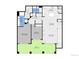 Detailed floor plan highlighting a primary bedroom with balcony, kitchen, living room, and dining area at 4251 S Blackhawk Cir # 3E, Aurora, CO 80014