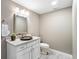 Charming powder room featuring a modern vanity with granite countertop and stylish vessel sink at 5943 S Olive Cir, Centennial, CO 80111