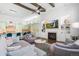 Bright living room features a fireplace with TV, built-in shelves, and open access to the kitchen at 5943 S Olive Cir, Centennial, CO 80111