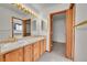 Bathroom featuring double sinks, wood cabinets, gold hardware, and a view into the walk-in closet at 18736 E Powers Pl, Aurora, CO 80015