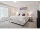 Bright bedroom featuring neutral walls, carpet, and a comfortable bed with decorative pillows at 6970 E Lake Dr, Centennial, CO 80111