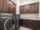 Well-equipped laundry room with dark cabinets, a sink, and modern washer/dryer units at 6970 E Lake Dr, Centennial, CO 80111