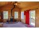 Living room with wood paneling, a wood-burning stove, and sliding glass doors to the deck at 2501 Remington Rd, Elizabeth, CO 80107