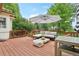 Beautiful outdoor deck with comfortable seating under a large umbrella at 7760 Crestview Ln, Niwot, CO 80504