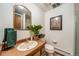 Bright bathroom features a wood vanity, a framed mirror and an decoratively adorned toilet with a green plant at 7815 Armadillo Trl, Evergreen, CO 80439