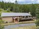 Charming brick home boasts a spacious deck with scenic views of surrounding lush green trees at 7815 Armadillo Trl, Evergreen, CO 80439