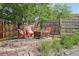 A cozy backyard retreat is centered around a fire pit with seating, all surrounded by a wooden fence at 912 Oakwood Dr, Castle Rock, CO 80104