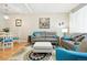 Inviting living room features a plush gray sofa, ottoman, and colorful area rug, creating a comfortable and stylish space at 11230 Osage Cir # B, Northglenn, CO 80234