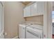 A functional laundry room with upper cabinets and modern appliances at 6495 S Harvest St, Aurora, CO 80016