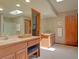 Spacious bathroom with dual sinks, a skylight, and plenty of storage space at 20380 Silver Horn Ln, Monument, CO 80132