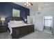 Bedroom with a blue accent wall, complete with nightstands, lamps, and a framed artwork above the bed at 2347 Switch Grass Way, Castle Rock, CO 80109