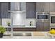 Modern kitchen featuring stainless steel appliances, gray cabinets, backsplash and a stylish countertop at 250 Columbine St # 310, Denver, CO 80206