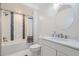 Well lit bathroom featuring blue tile accents, a shower/tub and white vanity at 6233 N Liverpool St, Aurora, CO 80019