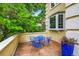 A cozy balcony featuring a blue patio set and potted plants, perfect for enjoying outdoor relaxation and serene views at 1564 S Uinta Way, Denver, CO 80231