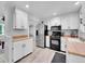 Well-lit kitchen with white cabinets, stainless steel appliances, and stylish butcher block countertops at 13246 Deneb Dr, Lone Tree, CO 80124