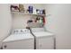 Well-lit laundry room featuring a white washer and dryer and shelving for storage at 820 Kimbark St # B, Longmont, CO 80501