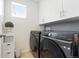 Laundry room featuring modern appliances, white cabinets, and neutral decor at 16975 Melody Dr, Broomfield, CO 80023
