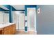 Bathroom featuring a single sink vanity with wood cabinets and frosted glass shower at 4164 E 135Th Pl, Thornton, CO 80241