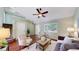 Bright living room with hardwood floors, ceiling fan, and modern furnishings at 4164 E 135Th Pl, Thornton, CO 80241