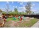 Spacious backyard with a fire pit, colorful seating, garden beds, and mature trees providing shade at 2870 Pontiac St, Denver, CO 80207
