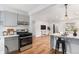 Open-concept kitchen features stainless appliances and seamlessly flows into the living area at 2 S Knox Ct, Denver, CO 80219