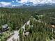 A stunning aerial view shows this home surrounded by lush greenery and scenic mountains at 384 Blue Ridge Rd, Breckenridge, CO 80424