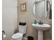 Small bathroom with a pedestal sink, decorative mirror, and dark hardware at 6875 Northstar Ct, Castle Rock, CO 80108