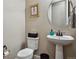 Chic powder room with a vessel sink, modern fixtures, and stylish decor at 6875 Northstar Ct, Castle Rock, CO 80108